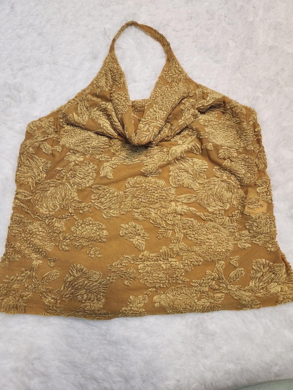 Anthropologie Textured Gold Floral Halter Cami